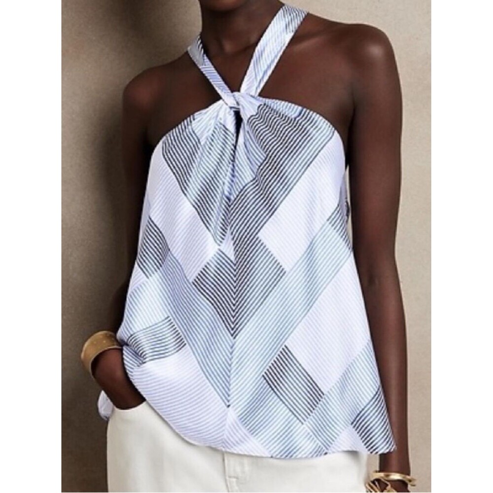 Banana Republic 100% Silk Blue & White Stripe Halter Neck Top Blouse. Small. NEW